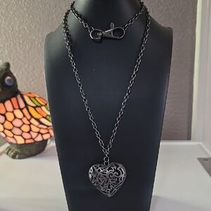Gun Metal Filigree Puffy Heart Pendant Necklace - Women Jewelry